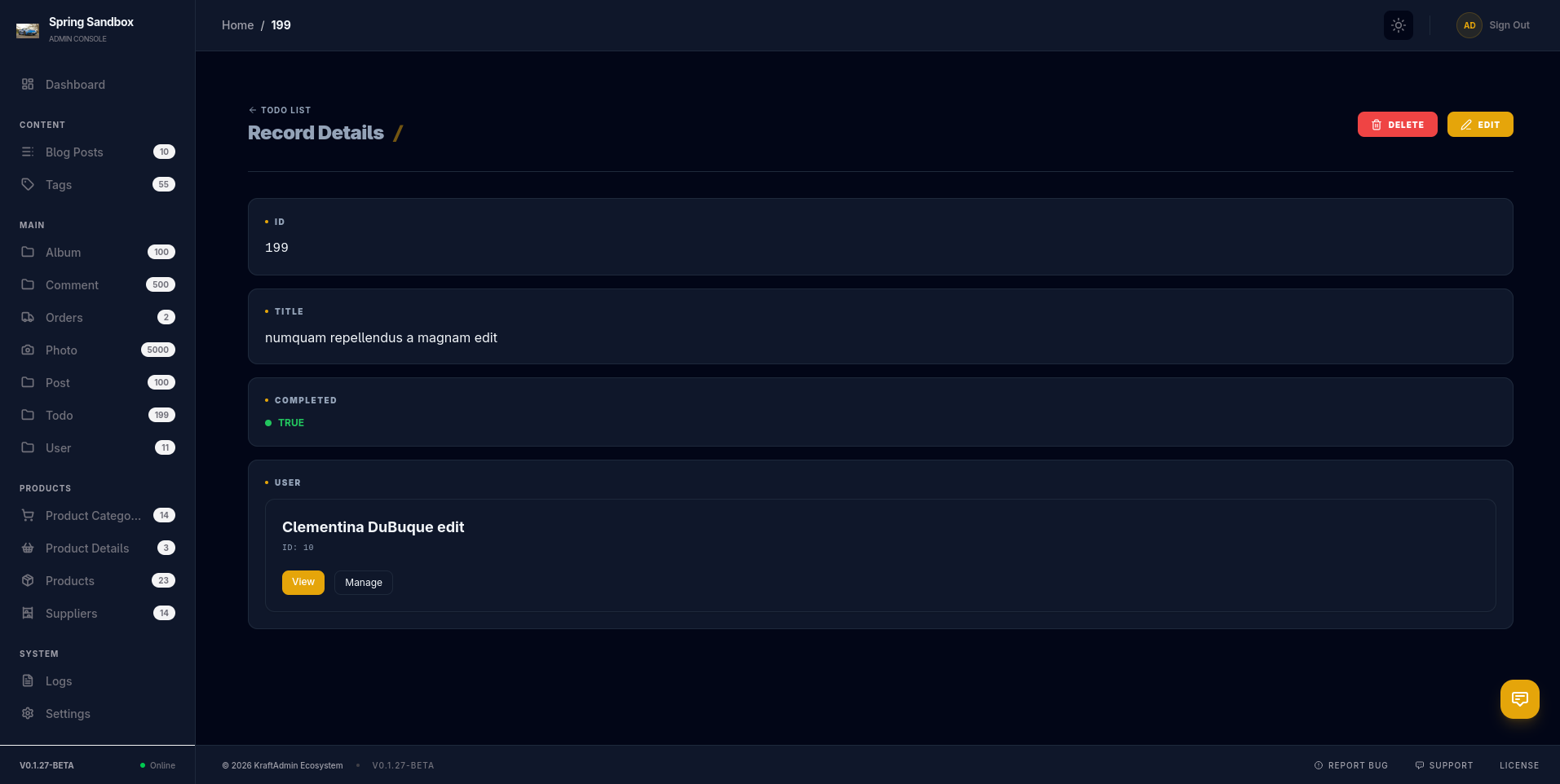 KraftAdmin details screen