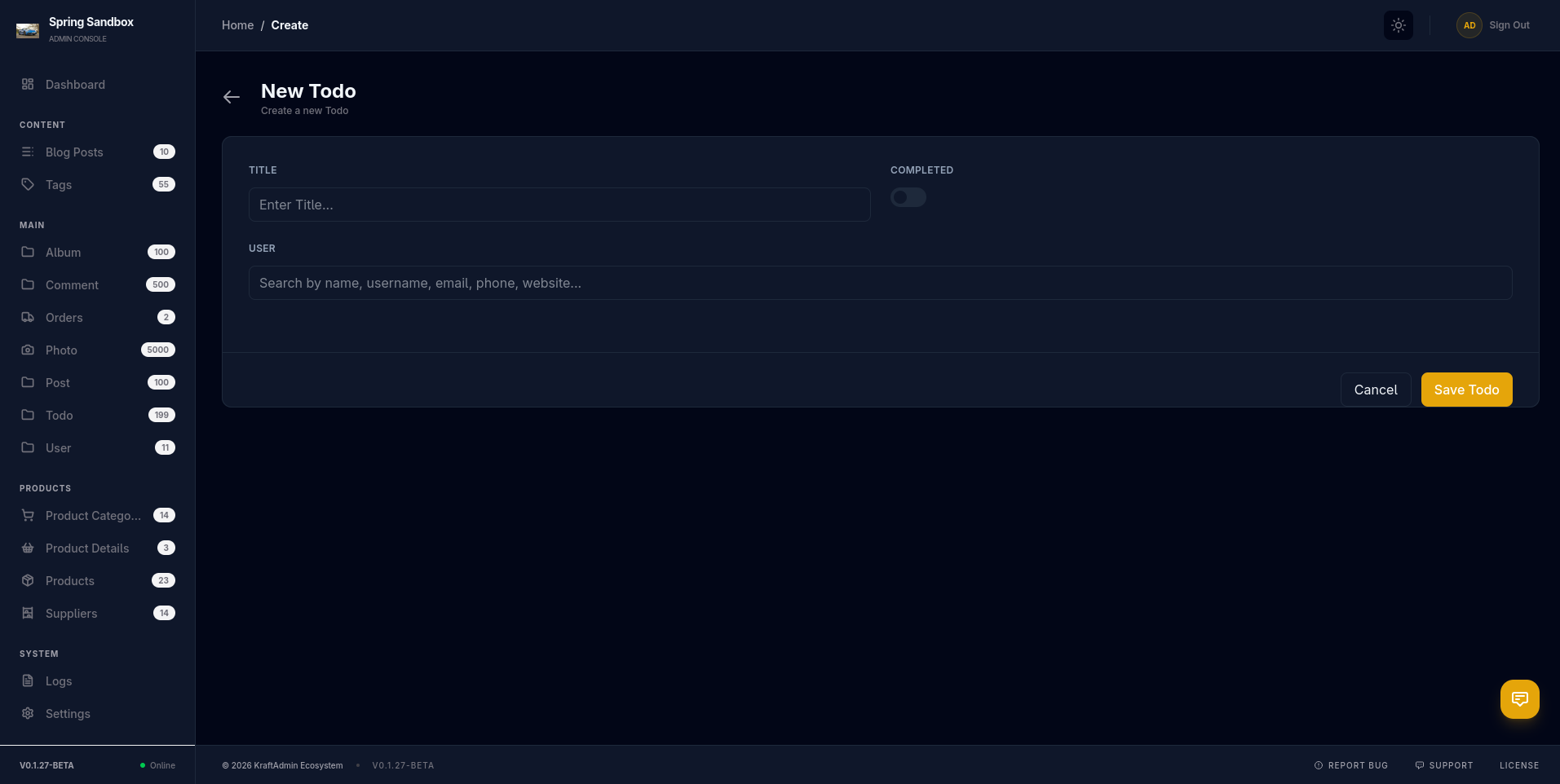 KraftAdmin form interface